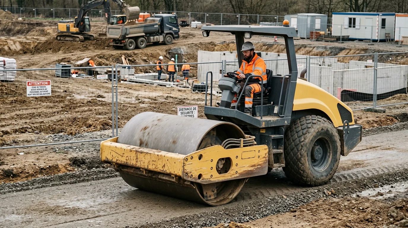 Rouleau compacteur mixte de 9 tonnes avec bille avant et pneus arrière sur un chantier