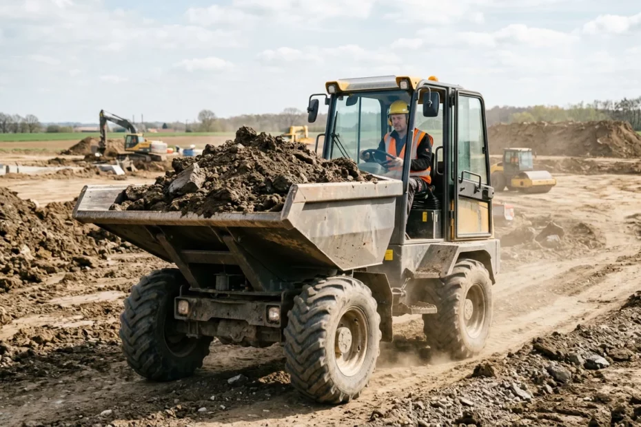 Dumper sur pneus transportant de la terre sur un chantier de terrassement