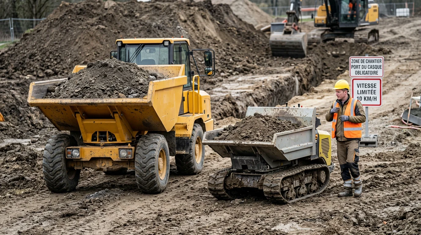 Comparaison entre un dumper sur pneus et un dumper sur chenilles sur un chantier