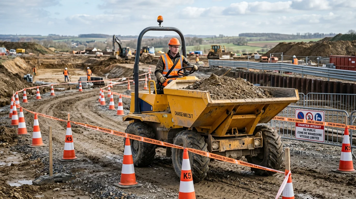 Opérateur appliquant les consignes de sécurité sur un dumper de chantier