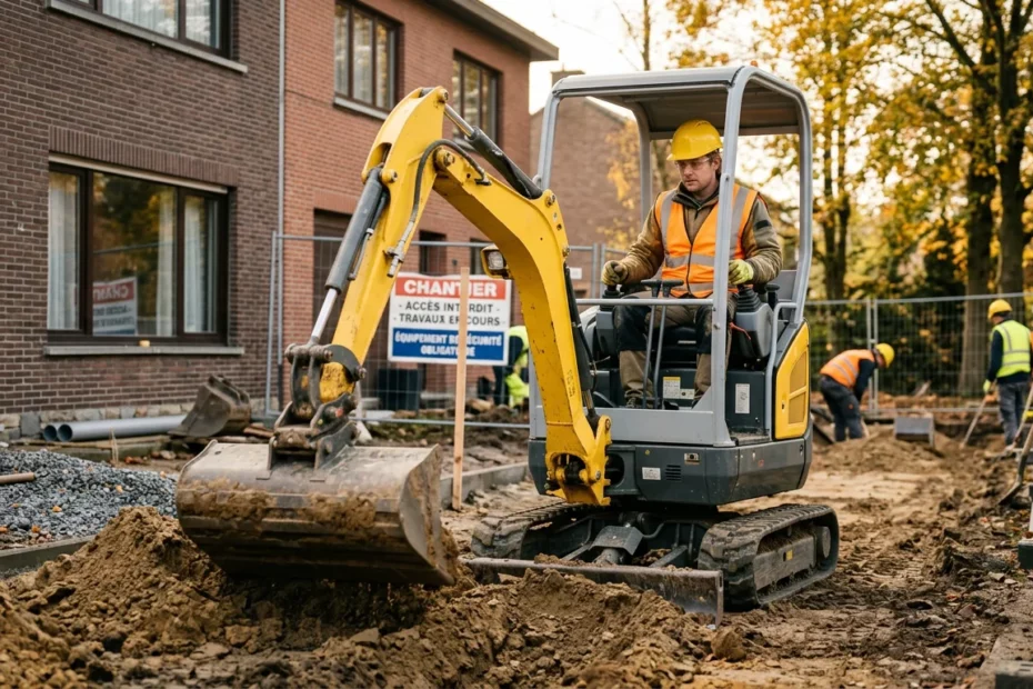 Opérateur européen conduisant une mini-pelle sur un chantier résidentiel