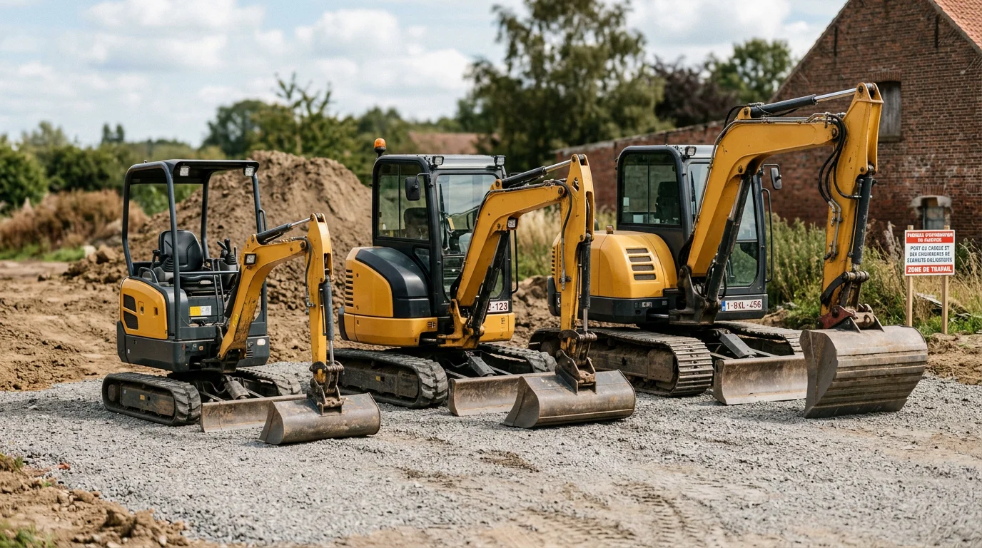 Trois mini-pelles de tonnages différents alignées sur un chantier