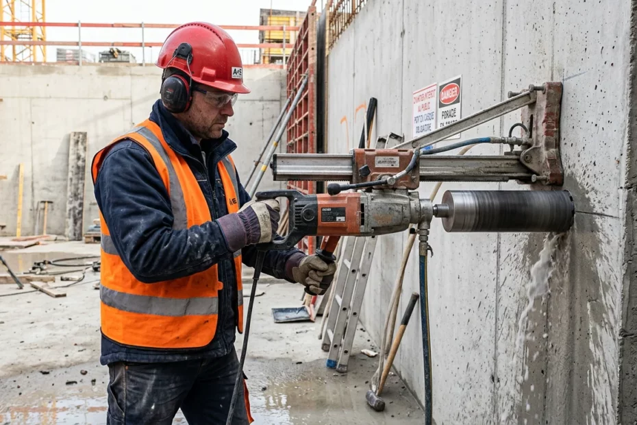 Ouvrier européen utilisant une carotteuse sur colonne sur un chantier