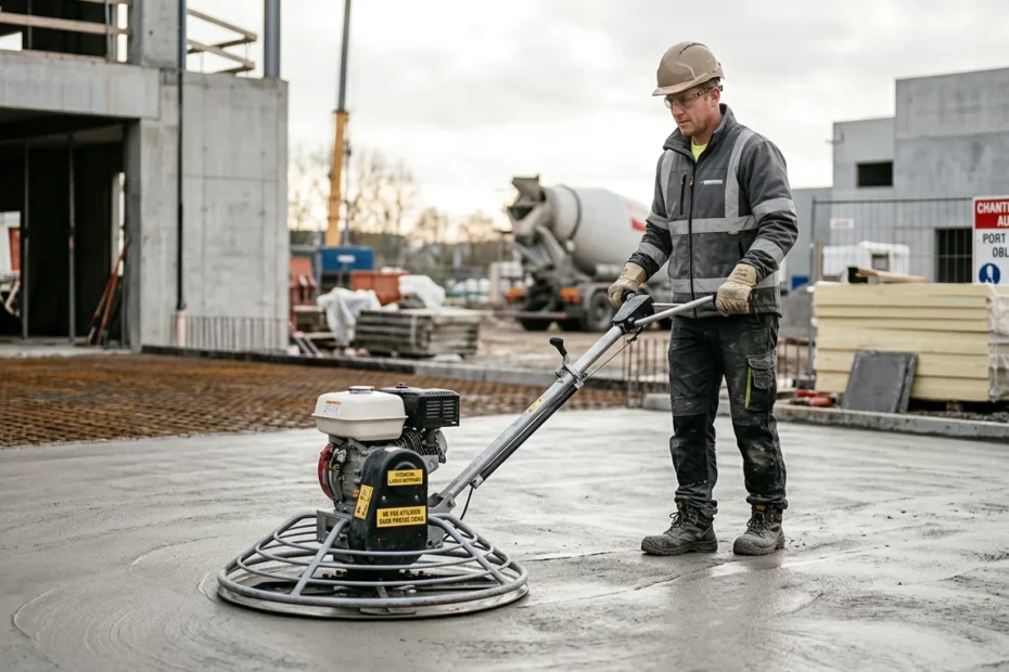 Ouvrier européen utilisant un hélicoptère à béton de 90 cm sur une dalle
