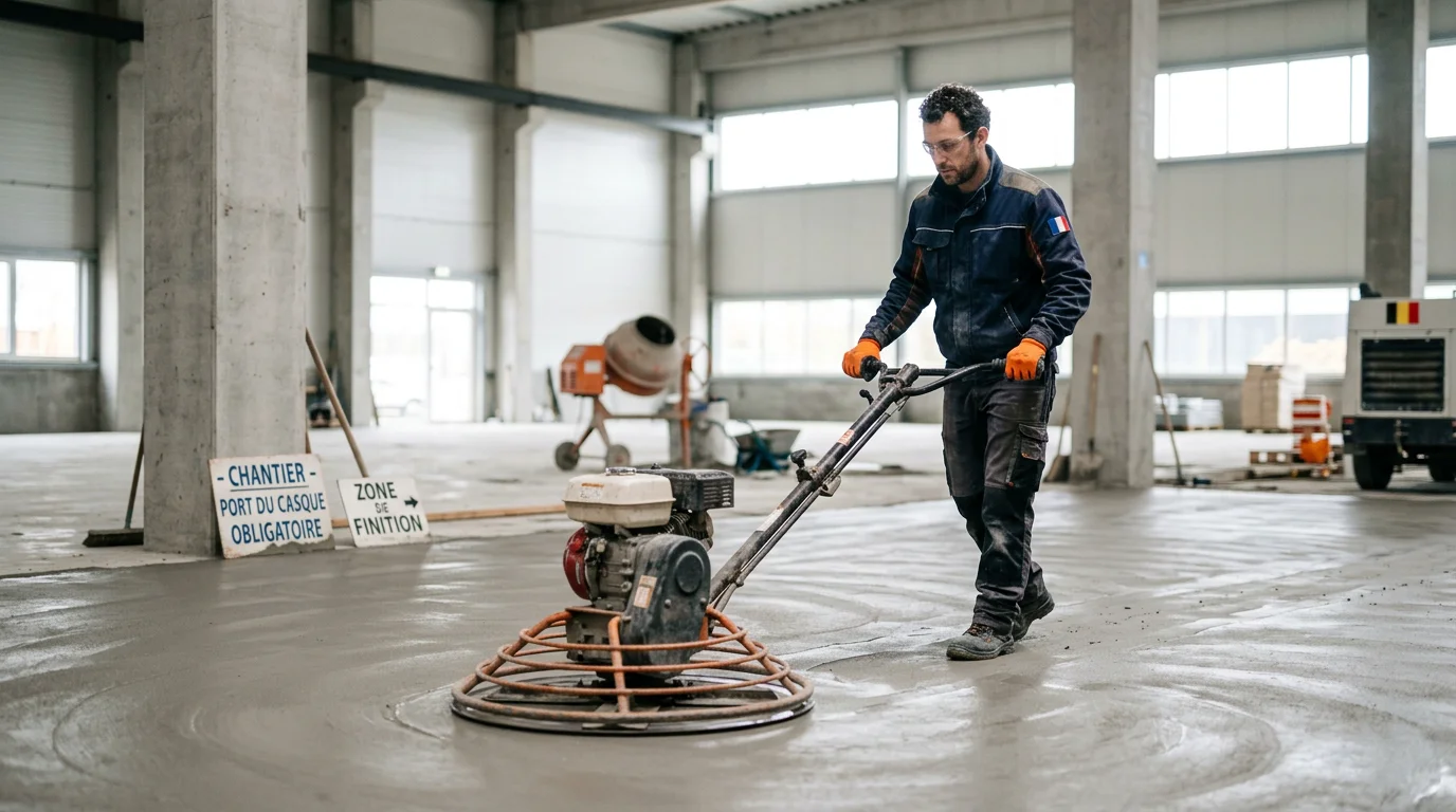 Ouvrier guidant une talocheuse de 90 cm sur une dalle de béton frais