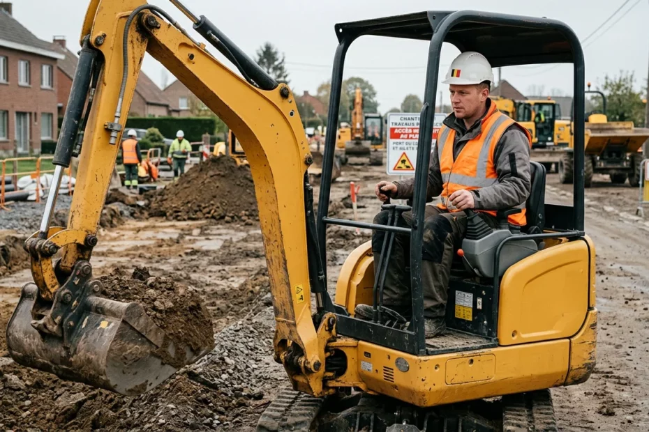Professionnel européen manœuvrant une excavatrice compacte sur un chantier