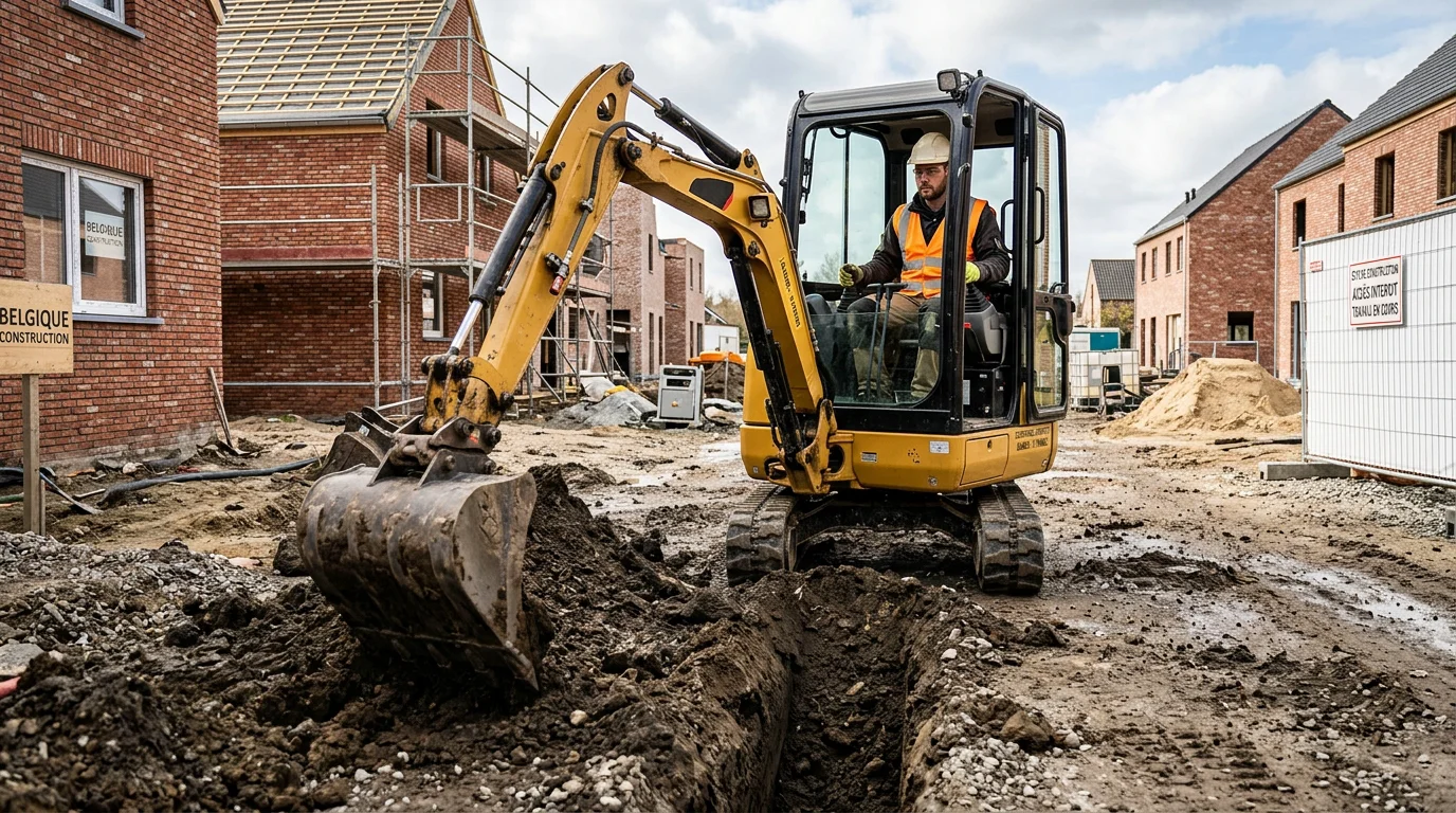 Excavatrice compacte creusant une tranchée sur un chantier résidentiel
