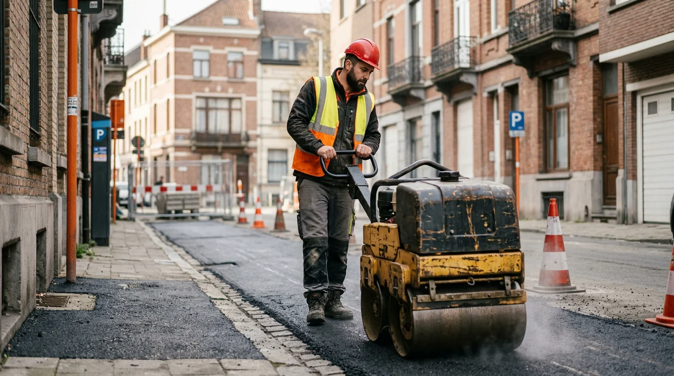 Ouvrier européen utilisant un rouleau vibrant à double bille sur un trottoir