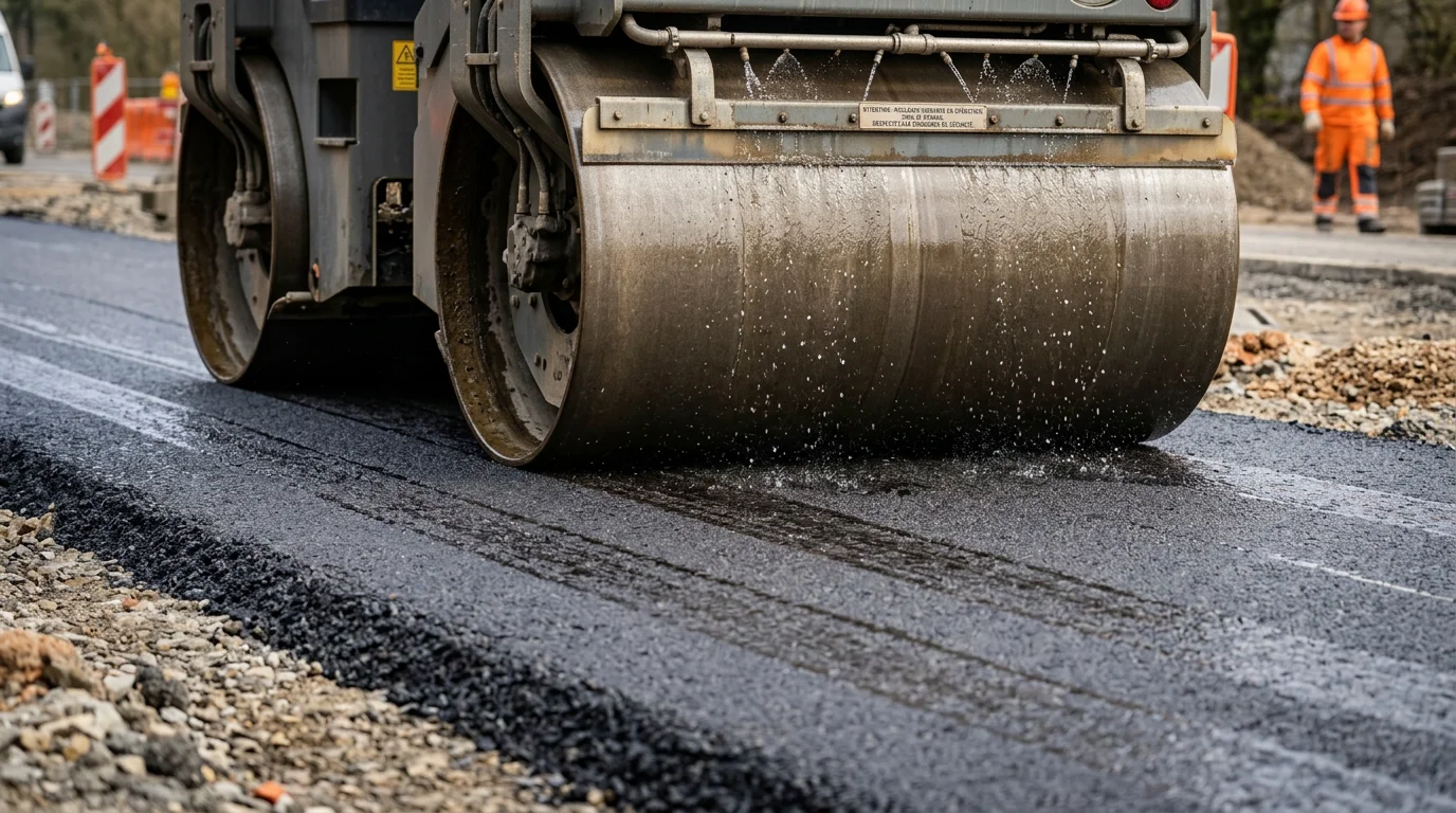 Gros plan sur les deux billes d'un rouleau vibrant avec arrosage sur enrobé