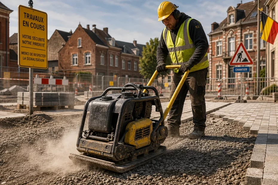 Plaque vibrante en action compactant du gravier sur un chantier