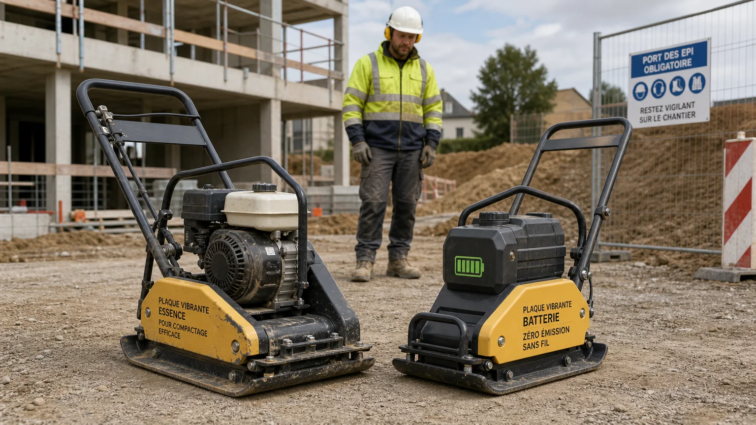 Deux compacteurs à plaque vibrante, un modèle thermique et un modèle électrique, sur un chantier