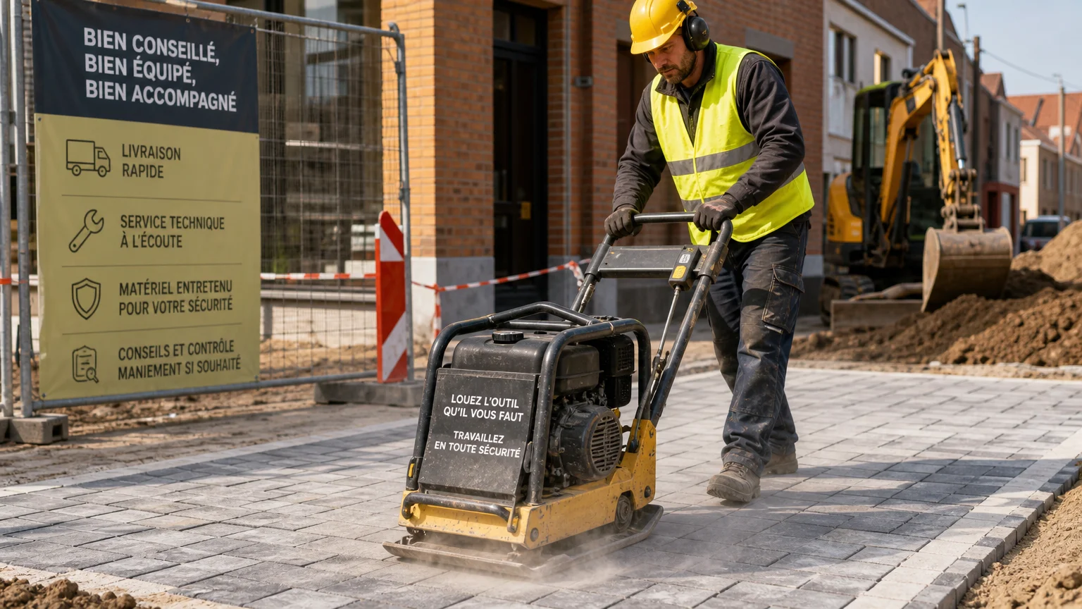 Ouvrier européen utilisant une plaque vibrante sur des pavés fraîchement posés
