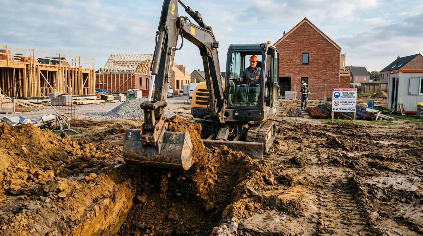 Pelle de 10 tonnes creusant une tranchée de fondation sur un chantier