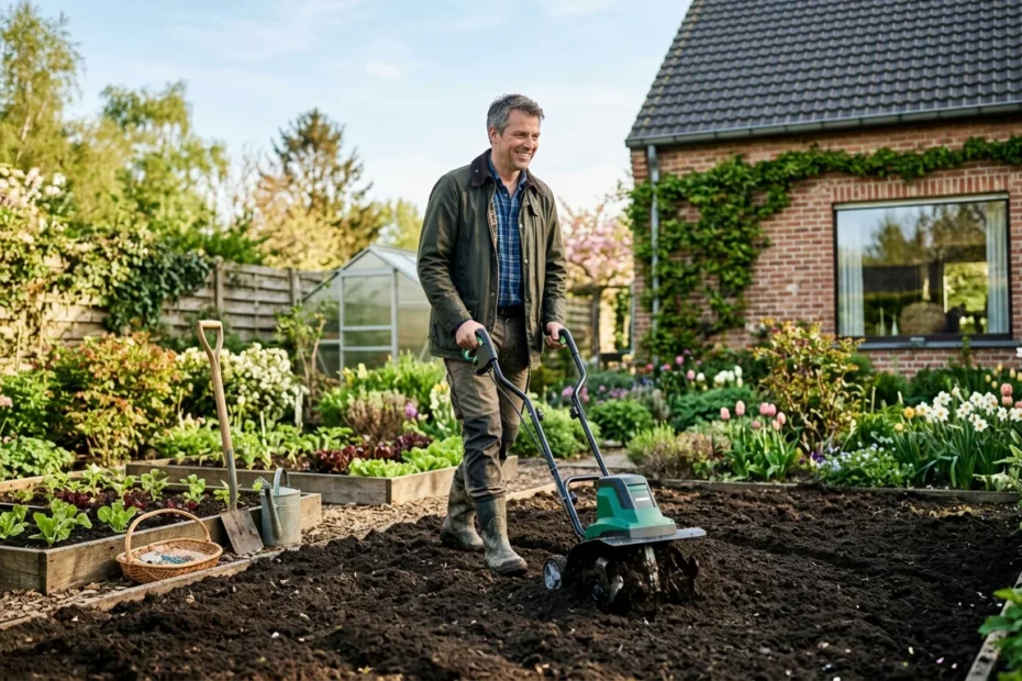 Homme européen utilisant une motobineuse électrique dans un jardin au printemps