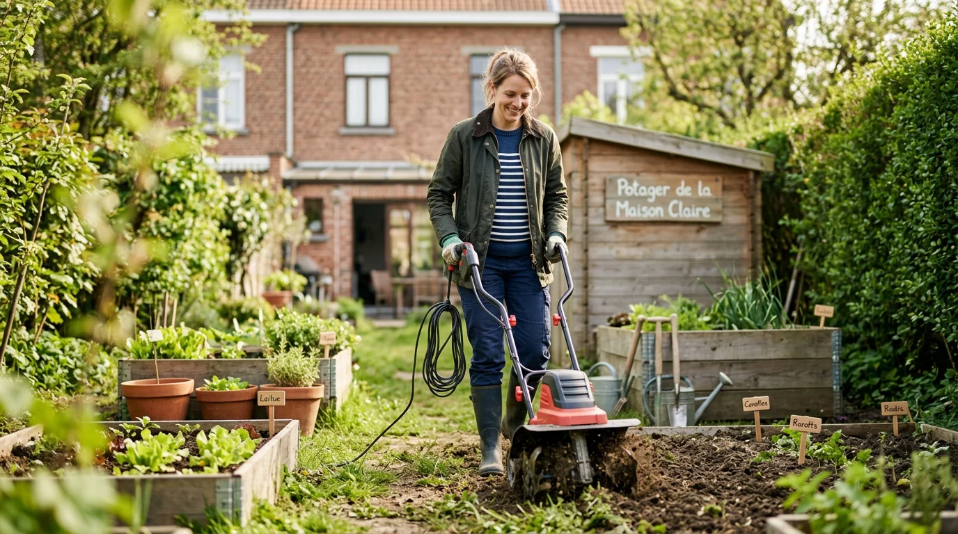 Jardinière européenne utilisant une motobineuse électrique dans un petit potager