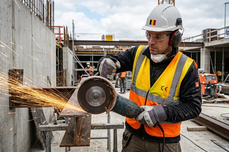 Ouvrier utilisant une meuleuse d'angle 230 mm sur un chantier avec étincelles