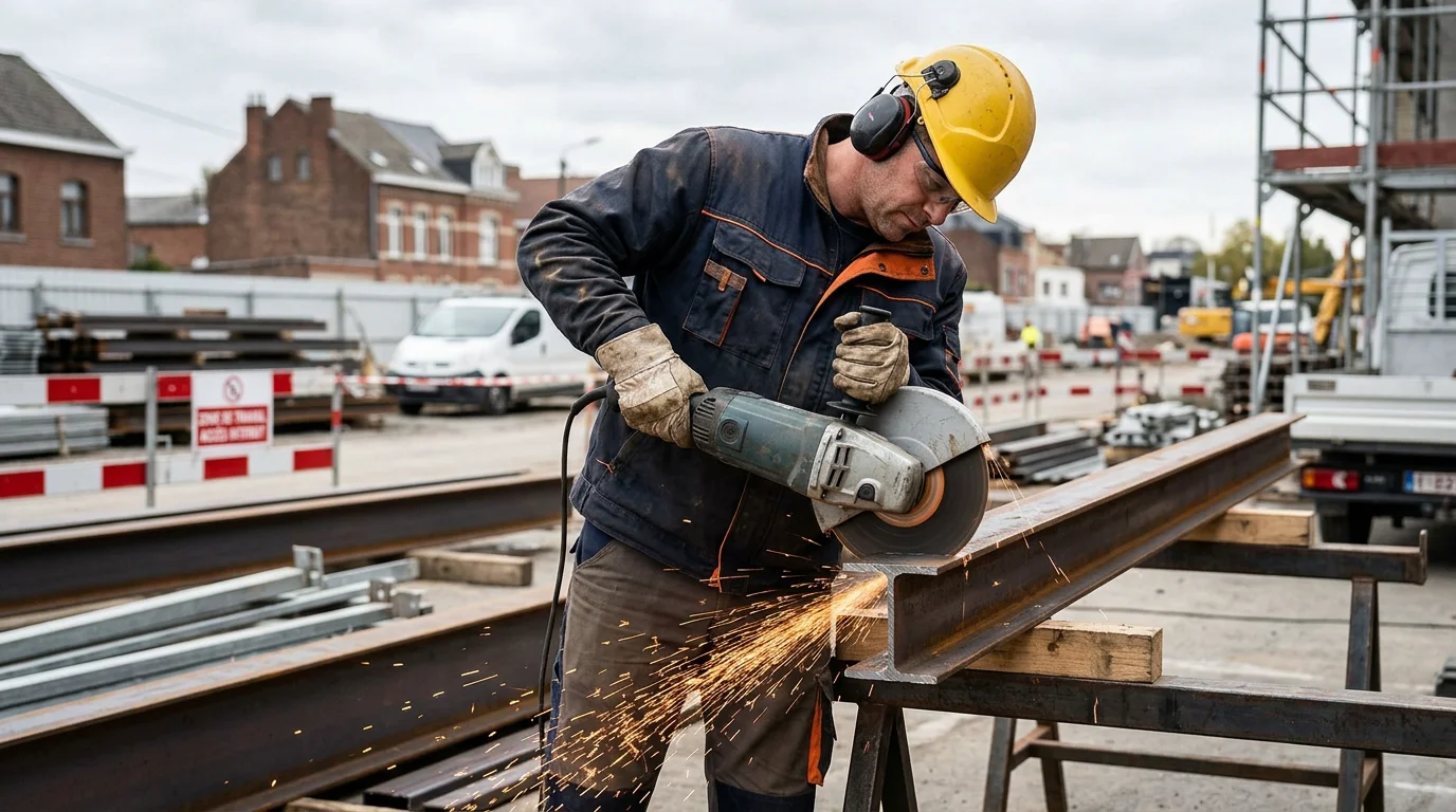 Ouvrier tronçonnant du métal avec une meuleuse d'angle 230 mm sur un chantier