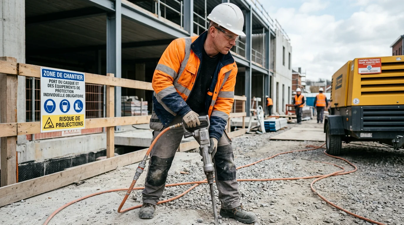 Ouvrier européen raccordant un outil pneumatique à un tuyau de compresseur sur chantier