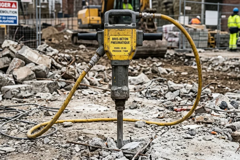 Marteau pneumatique lourd de 25 kg sur un chantier de démolition