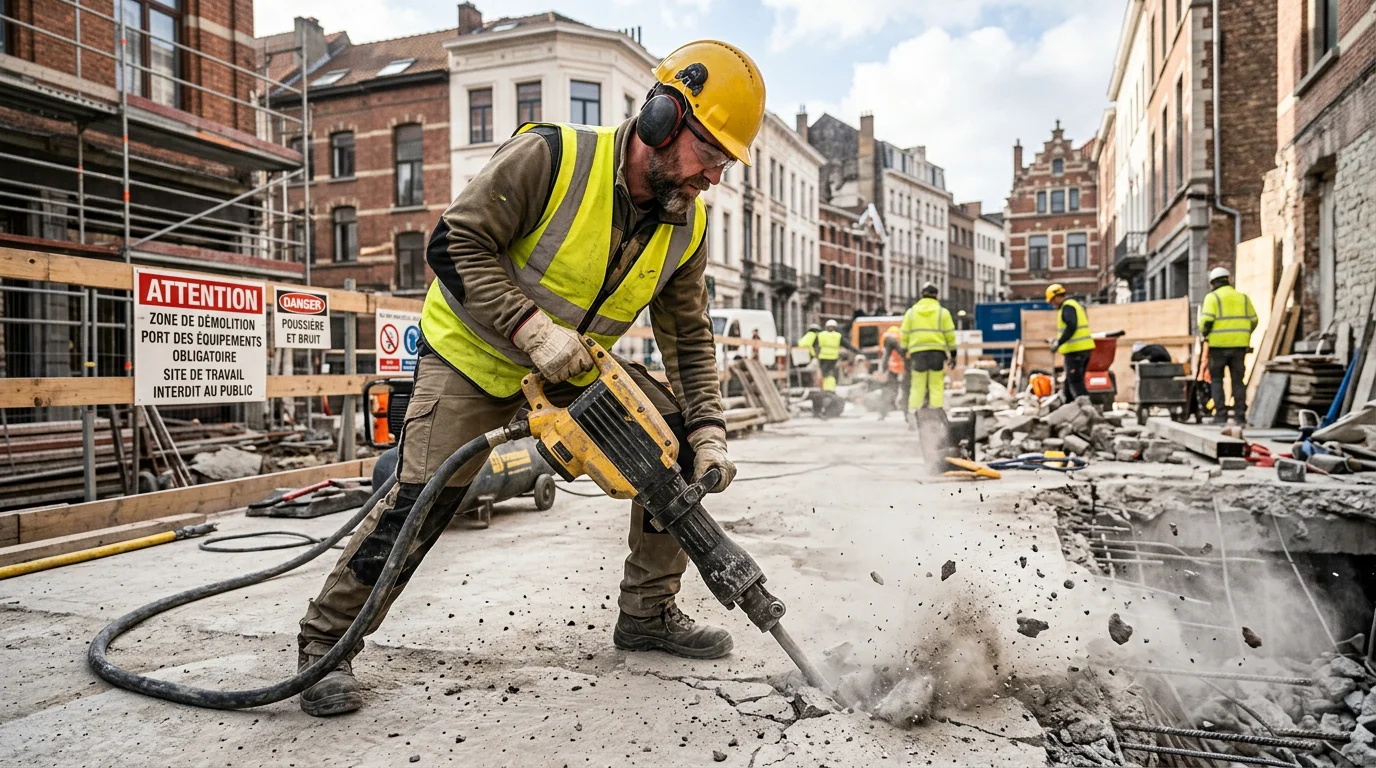Ouvrier européen utilisant un brise-béton pneumatique sur un chantier