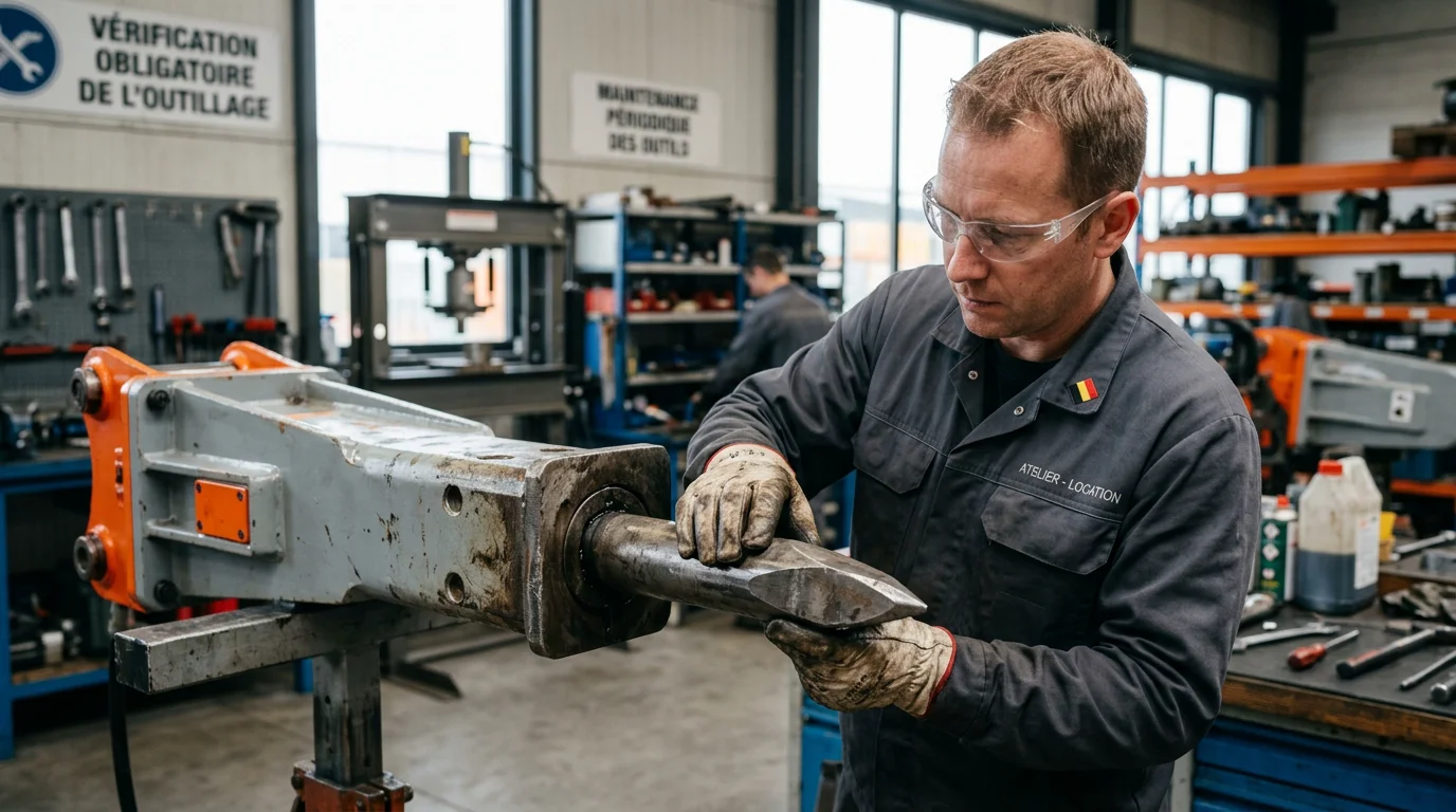 Technicien inspectant la pointe d'un brise-roche hydraulique en atelier