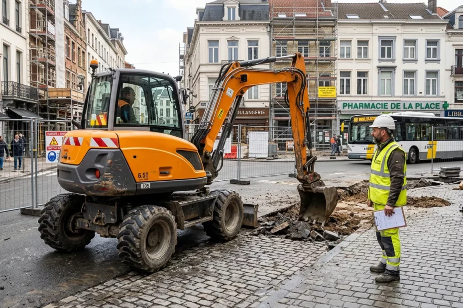 Pelle sur pneus de 6,5 tonnes sur un chantier urbain