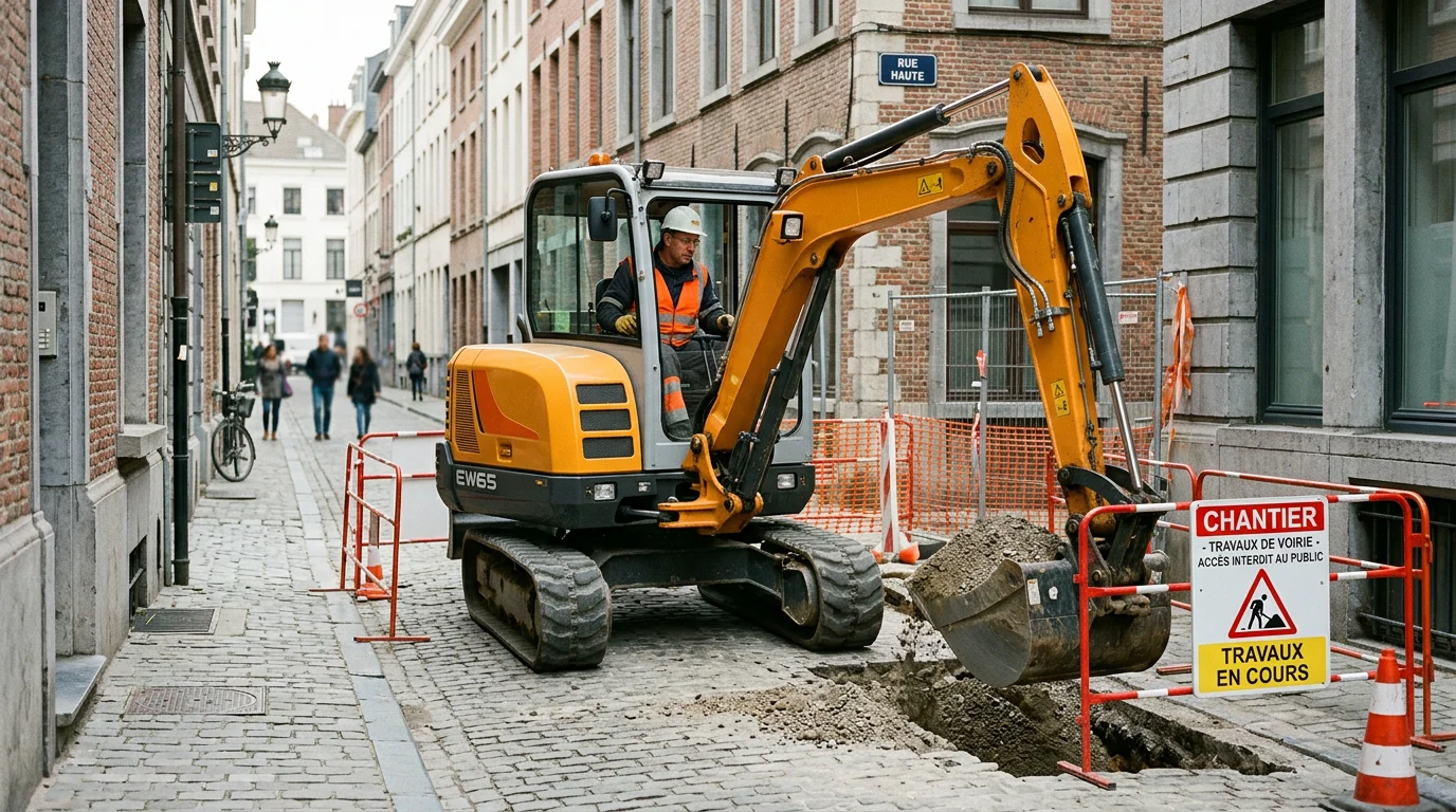 Pelle sur pneus de 6,5 tonnes travaillant dans une rue urbaine pavée
