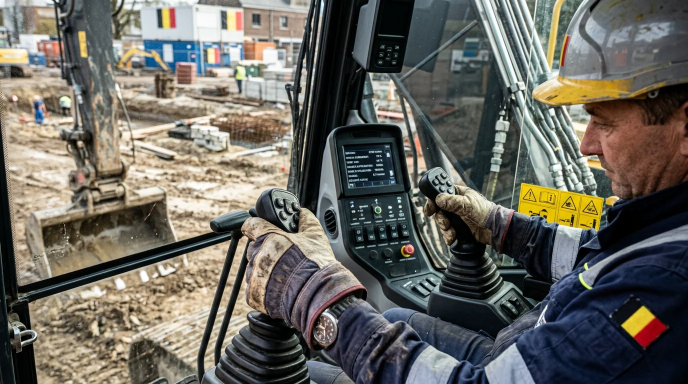 Opérateur aux commandes d'une pelle sur pneus en cabine
