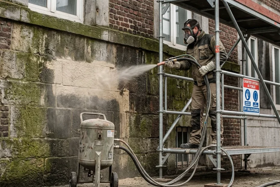 Aérogommeuse nettoyant une façade en pierre et brique lors d'une rénovation