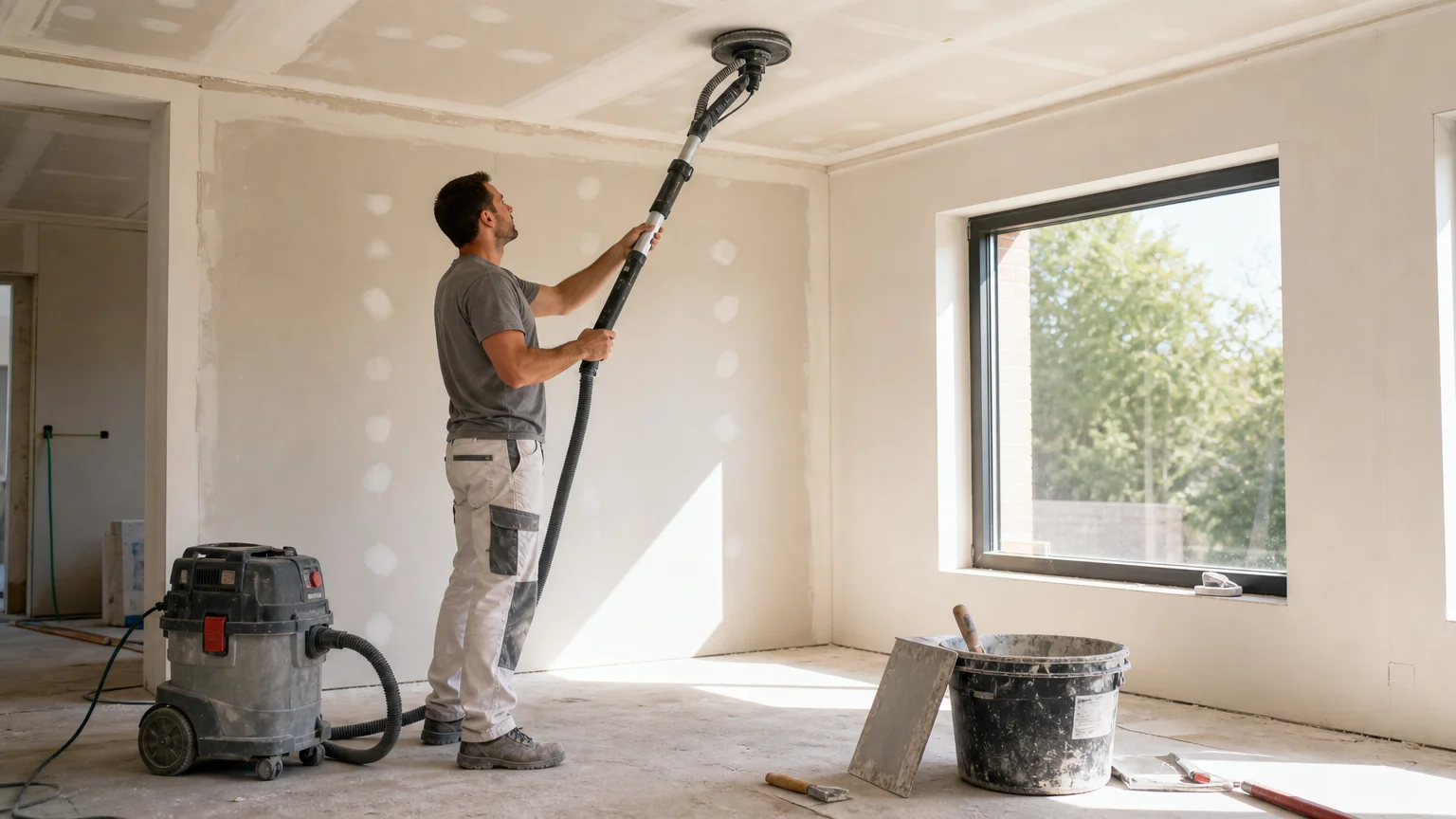 Personne utilisant une ponceuse girafe avec aspiration sur un plafond en plaques de plâtre