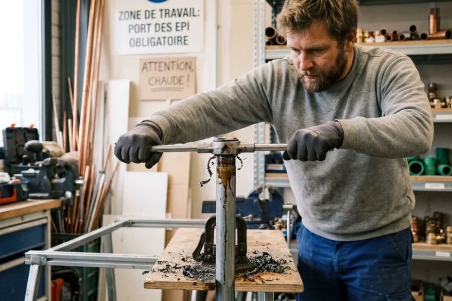 Artisan filetant un tube acier avec une filière manuelle sur chantier