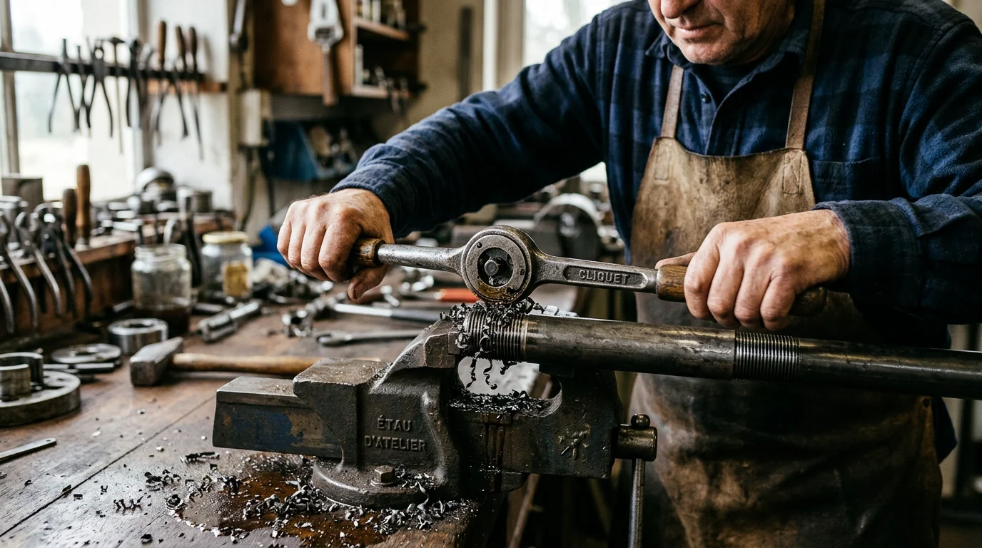 Artisan filetant un tube acier avec une filière manuelle à cliquet