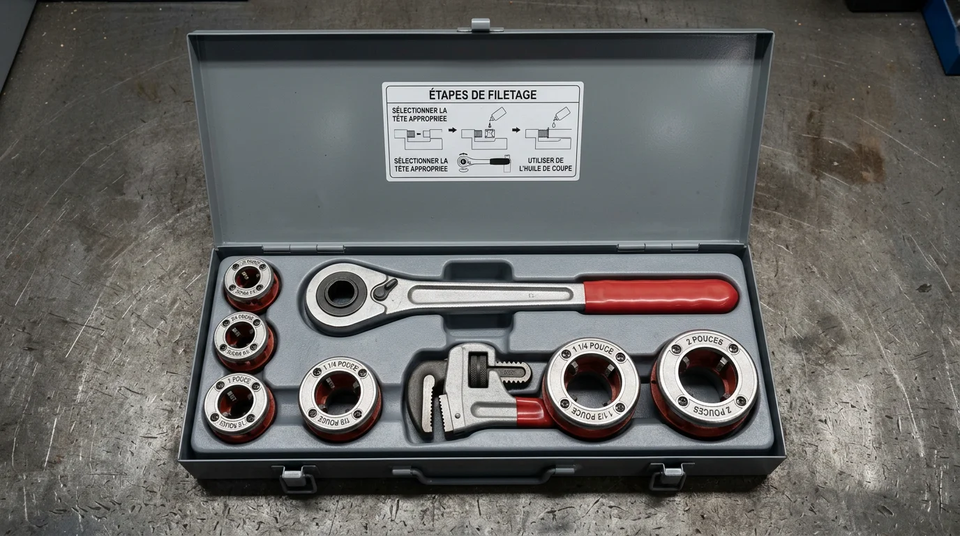 Coffret d'outillage de filetage avec cage à cliquet et têtes interchangeables