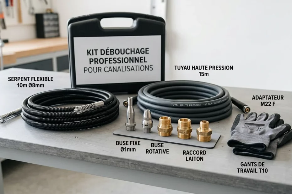 Kit de débouchage professionnel disposé sur un établi