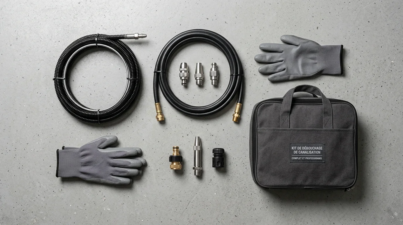 Kit de débouchage complet avec furet, tuyau haute pression, buses et adaptateurs
