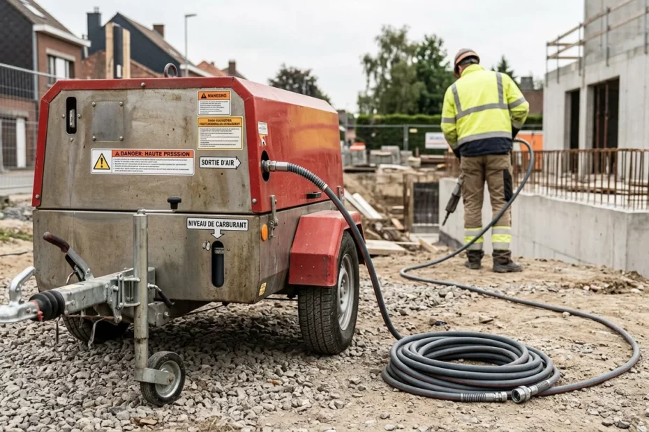 Compresseur portable relié à un tuyau à air comprimé de 10 mètres sur un chantier