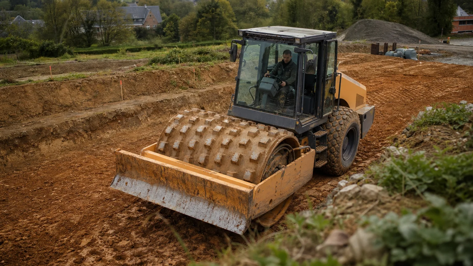 Rouleau compacteur à pieds de mouton travaillant un remblai argileux