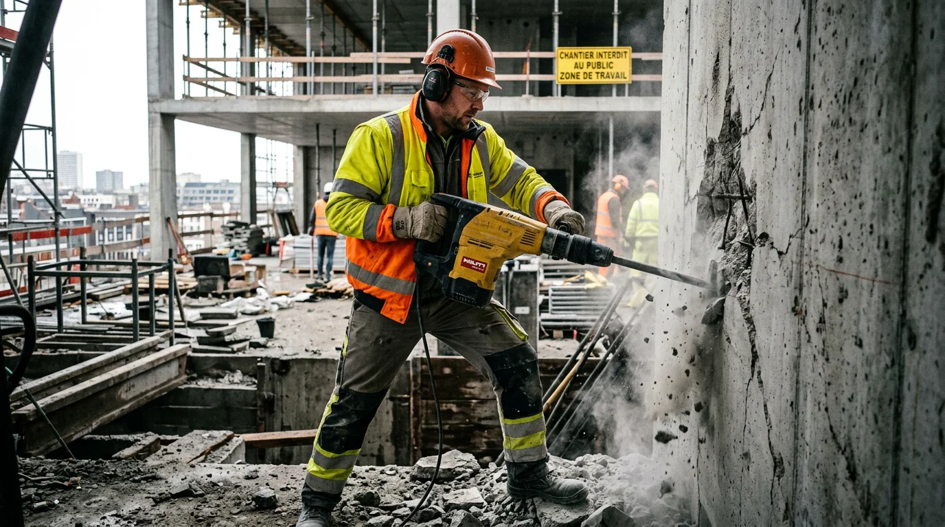 Opérateur équipé d'EPI utilisant un marteau de démolition sur chantier