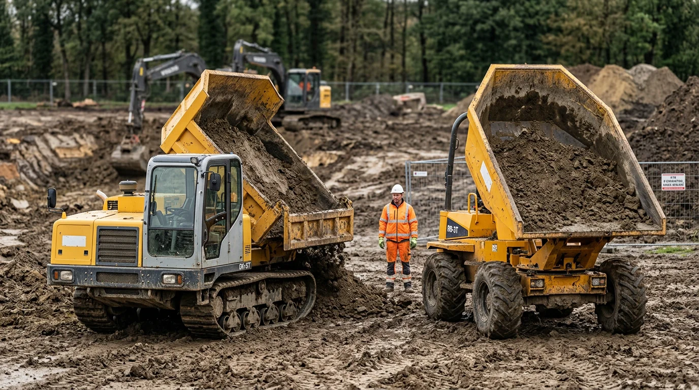 Dumper 5 t sur chenilles et sur pneus comparés sur un chantier de terrassement