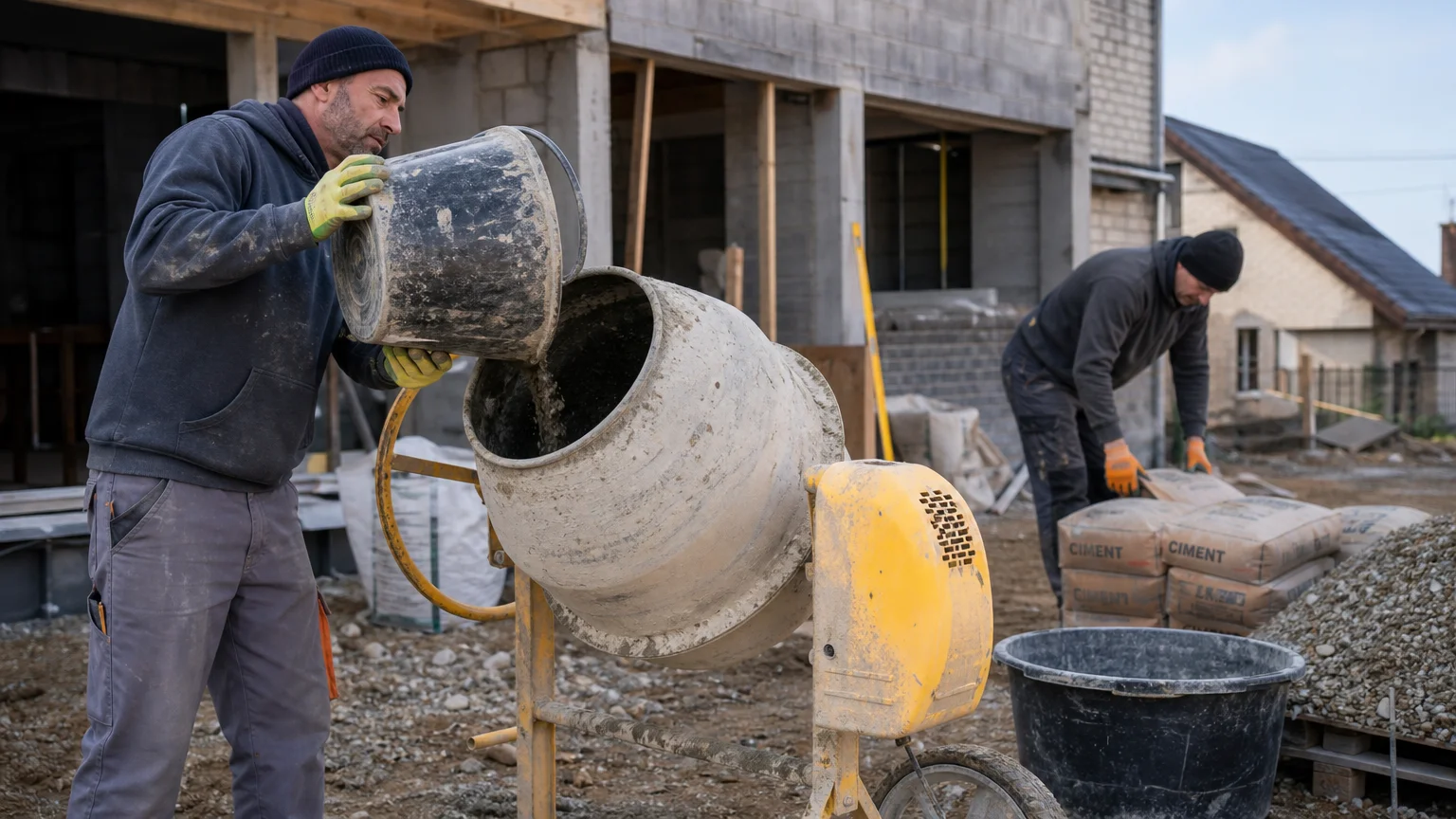 Maçon européen utilisant une bétonnière sur un chantier belge