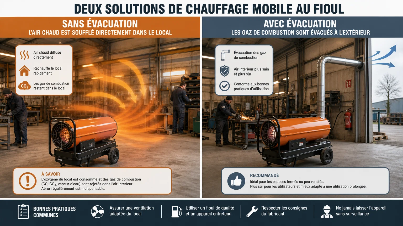 Comparaison entre un canon à chaleur au mazout à air direct et un modèle indirect dans un atelier