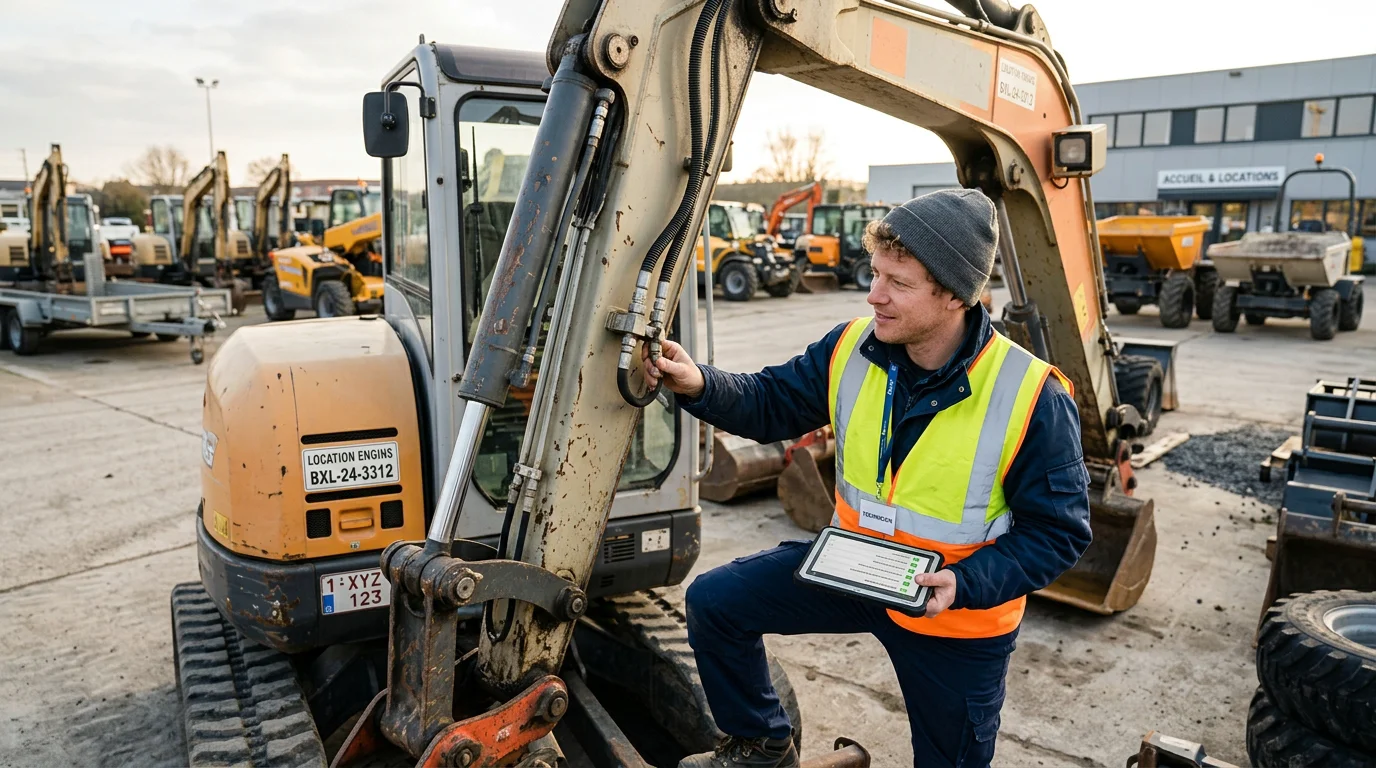 Technicien contrôlant le bras hydraulique d'une pelleteuse en location