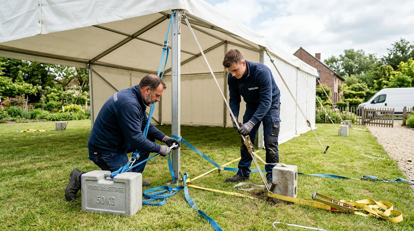 Deux techniciens ancrant une tente de réception blanche dans un jardin