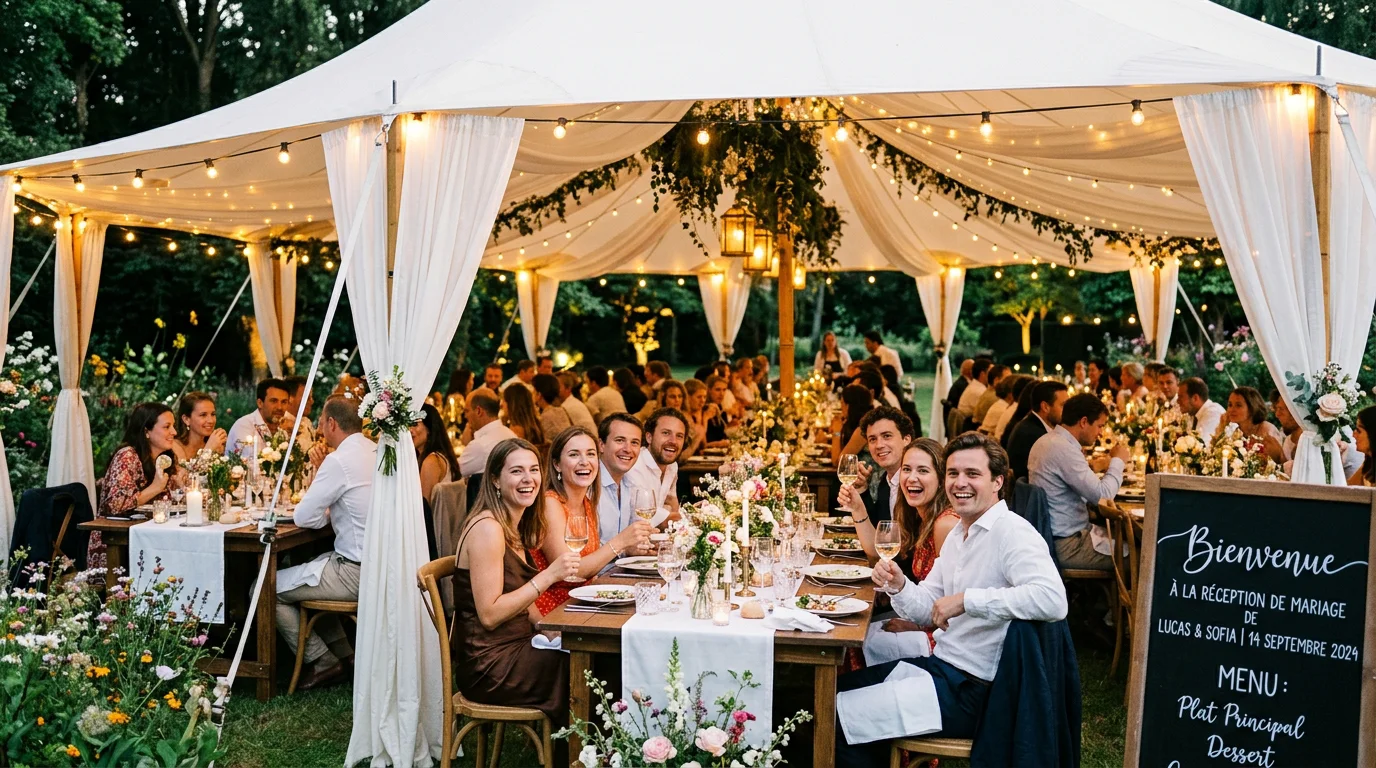 Réception conviviale sous une grande tente blanche dans un jardin en soirée