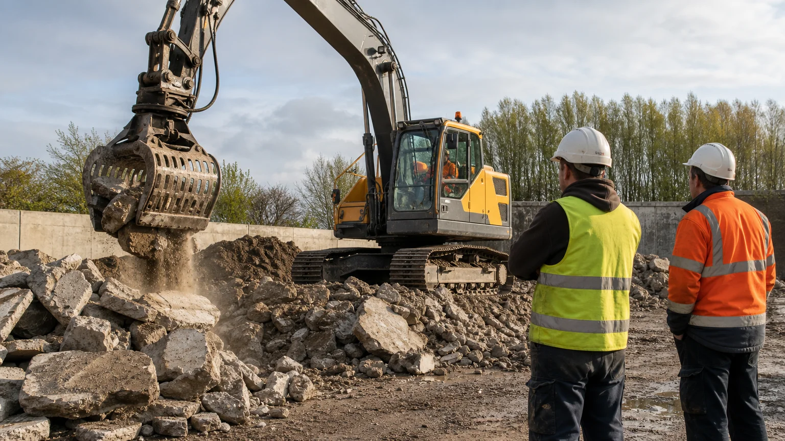 Pelle équipée d’une pince de tri sur un chantier de recyclage