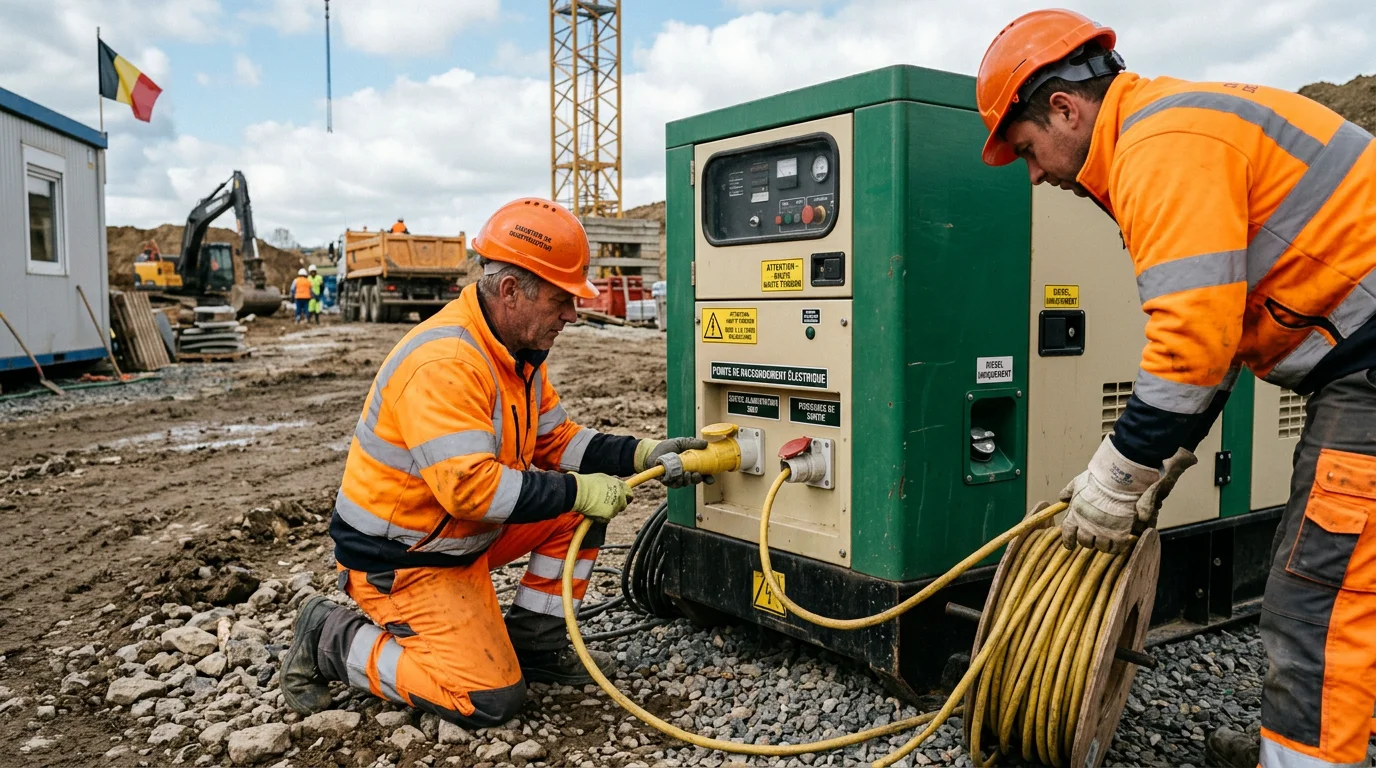 Groupe électrogène diesel raccordé sur un chantier avec des ouvriers européens