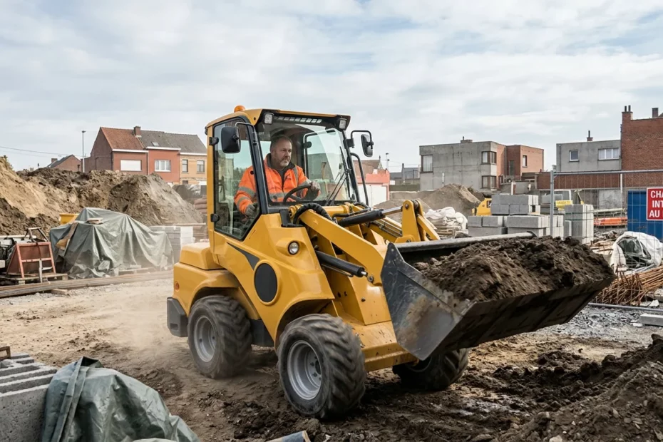 Chargeur articulé compact jaune en action sur un chantier belge