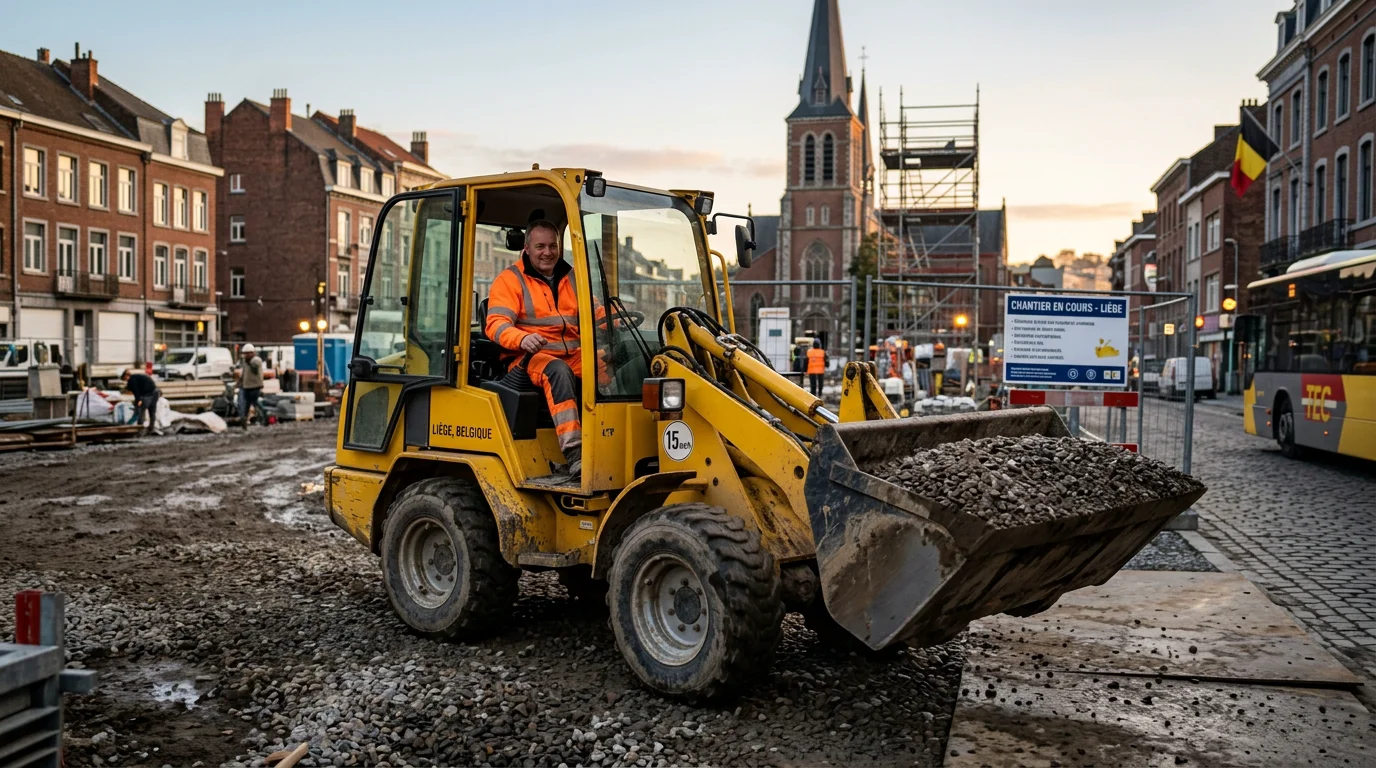 Chargeur articulé compact jaune sur un chantier avec opérateur européen